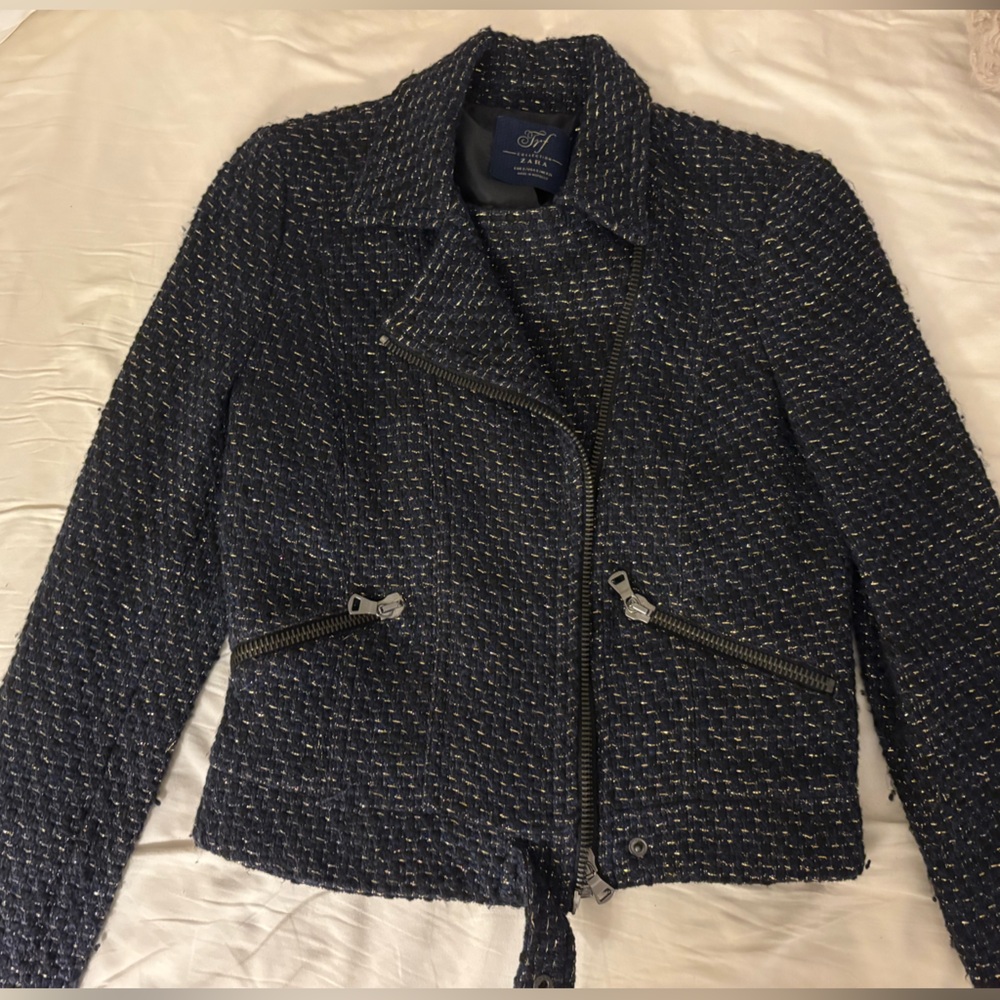 Zara Navy Tweed Jacket with Zipper Accents